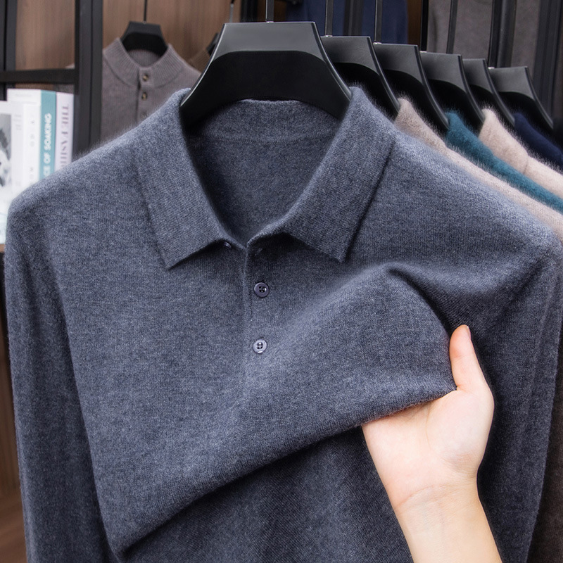 Anti-Pilling Wool 100% Thickeneded Wool Sweater Work Clothing Lapel Pure Color Warm High-End Sweater Men's Dad Wear Inner Wear Anti-Pilling Wool 100% Thickeneded Wool Sweater Work Clothing Lapel Pure Color Warm High-End Sweater Men's Dad Wear Inner Wear
