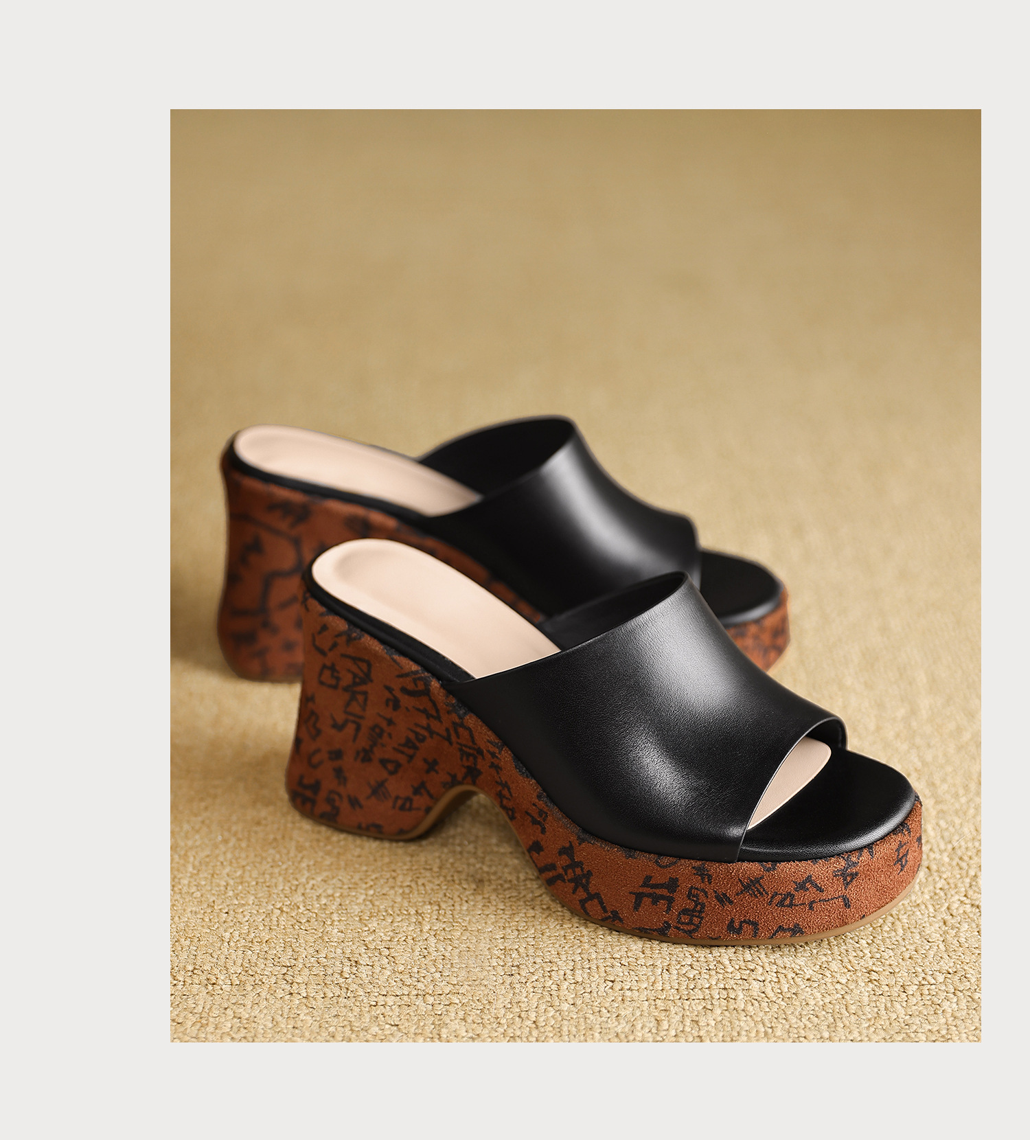 Dép sandal nữ quai chữ V đế xuồng cao phong cách Bohemian, chất liệu da thật, mũi hở, đế dày êm chân — màu đen, màu trắng ngà chi tiết 18