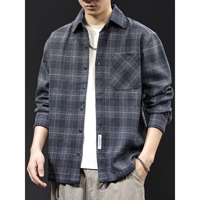 American Retro Autumn and Winter Woolen Plaid Shirt Men's Large Size Vibe Lapel Shirt Jacket Oversize Trendy