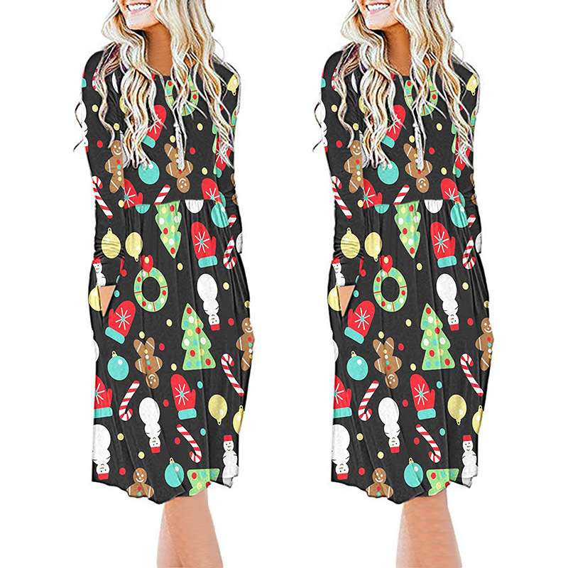 autumn and winter women s printed long-sleeved round neck waist dress nihaostyles clothing wholesale NSZH71388