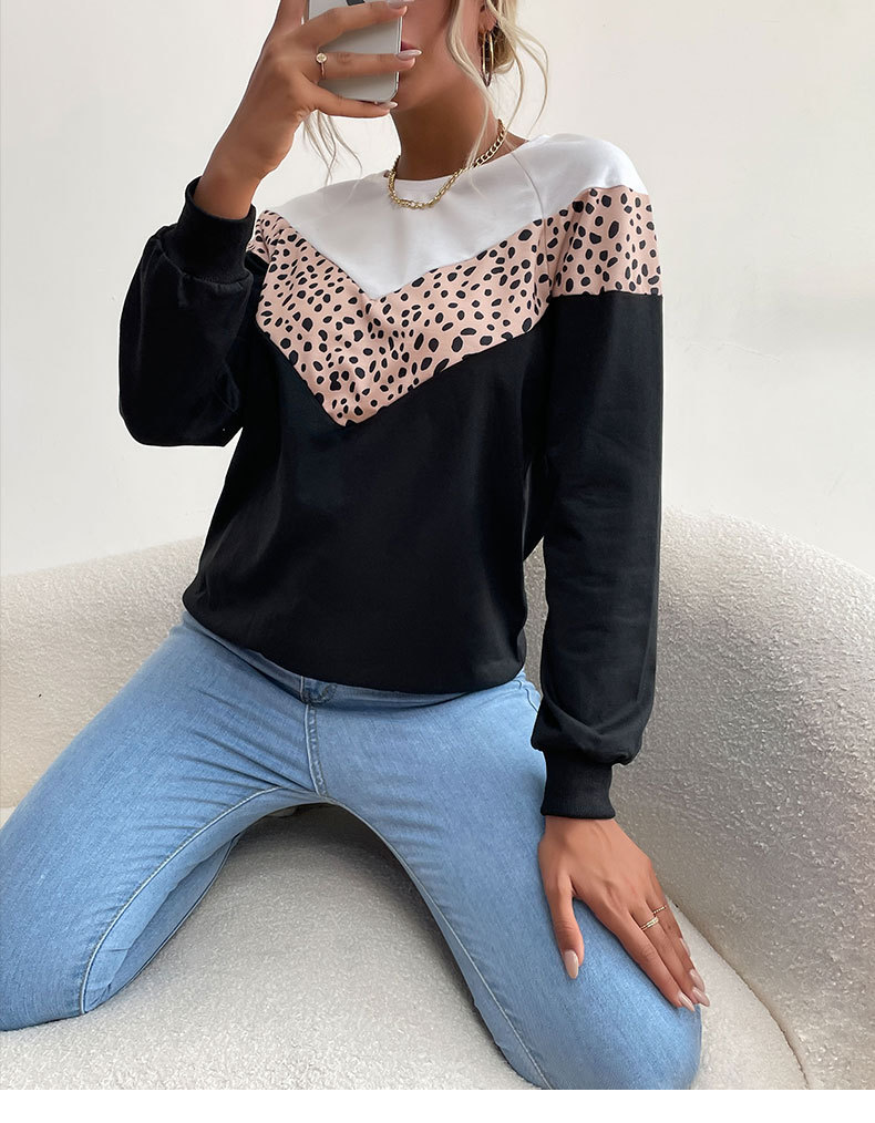 autumn long-sleeved round neck v-shaped leopard stitching sweatershirt nihaostyles wholesale clothing NSDMB88619