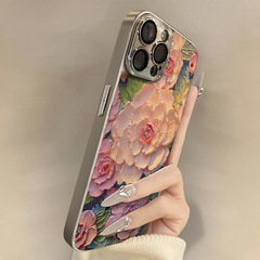 油画牡丹适用于苹果16pro手机壳iPhone15新款i14全包镜头13防摔12