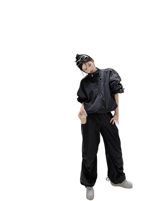 黑色运动服套装女2025新款秋季潮流美式休闲宽松显瘦外套阔脚裤|undefined