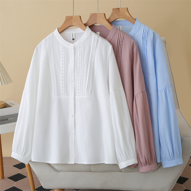 2026 Spring Plus Size Cotton Shirt Women's Long Sleeve Shirt Round Neck Lace Ruffle Cardigan Fat Girl Shirt Versatile Top 8876