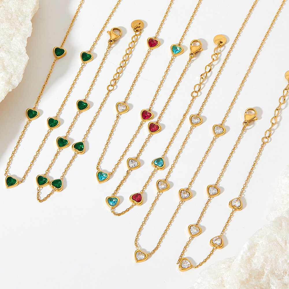 6g Weight 0.03µm-0.05µm Gold Plating Thickness PVD Coated Gold Plating Process Fashion Heart Shape 304 Stainless Steel 16K Gold Plated White Gold Plated Gold Plated Zircon Stainless Steel Bracelets In Bulk