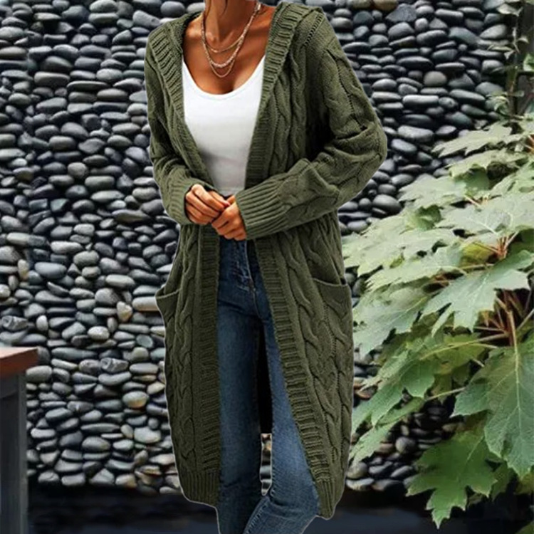Aguja gruesa de las mujeres europeas y americanas transfronterizas Otoño e Invierno de las mujeres color sólido suelto más tamaño doble bolsillo Twist sweater cardigan Coat