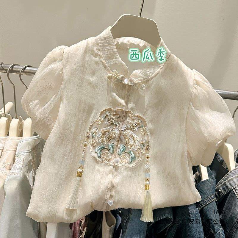 Girls' Shirt, New Chinese Style, Stand Collar, Embroidered Floral Print, Summer New Style, Girls' Antique Style, Frog Button, Short Sleeve Top