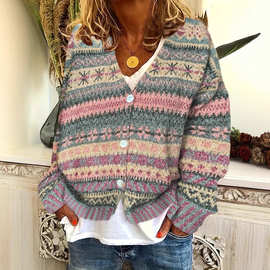 2025爆款外贸亚马逊新款3D数码印花开衫针织外套女装早春秋3D印花