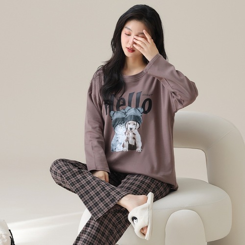 Women's 100% Cotton Pajamas for Autumn: Long-Sleeve, Long-Style Cartoon Design with Chest Pads—Cute, Wearable Home & Outfit Set
