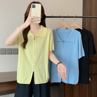 Real Shot of Plus Size Women's Clothing 2025 Summer New Style Zipper Knitted Cardigan Top Fat mm Versatile Ice Silk Short-Sleeved T-Shirt