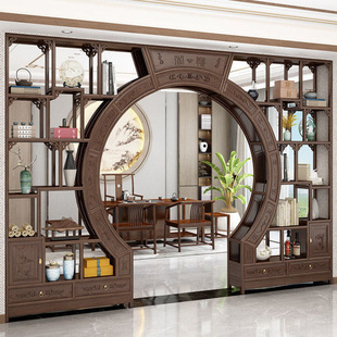 New Chinese-Style Moon-Shaped Door Solid Wood Living Room Partition Display Shelf Multi-Treasure Cabinet Round Arch Storage Rack Double-Circle Moon Door