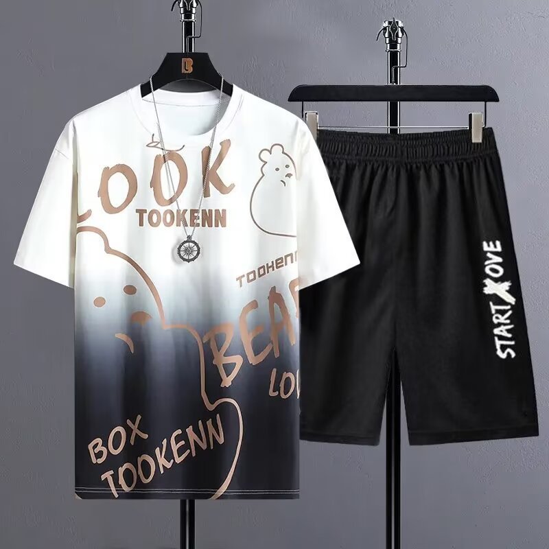 Conjunto de 2 piezas de traje corto de seda helada de moda de verano para hombre - Imagen 7 de 8
