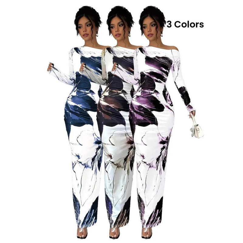 New Cross-Border Style Off-Shoulder Elegant Slim-Fit Casual Long Dress with Floral Print and Asymmetrical Shoulder Design, Bodycon Dress in Stock