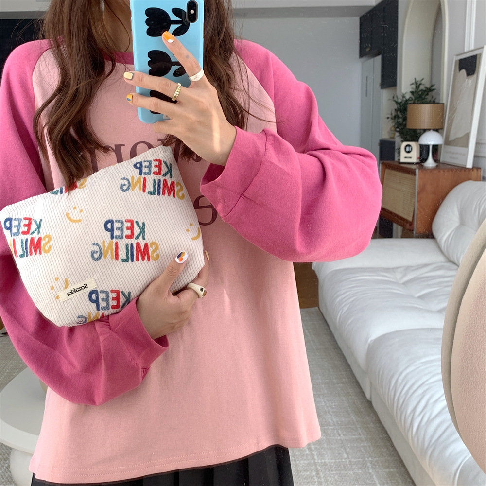 38181 New 2023 Corduroy cosmetic Bag, Letter smiley face storage, washroom clutch, Mobile phone wallet, Pen case full figure
