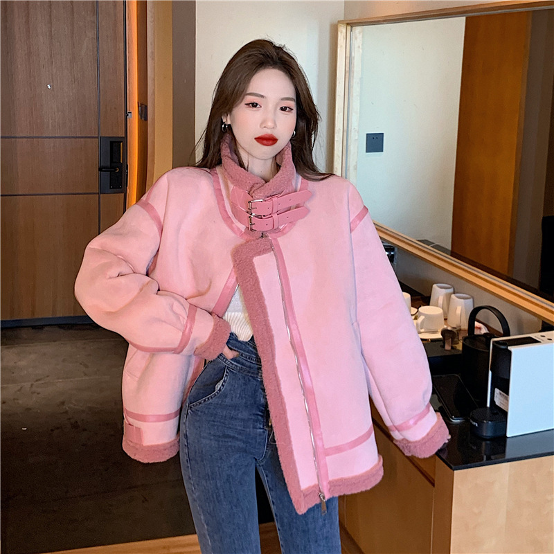 Women's Loose Faux Lamb Wool Motorcycle Jacket