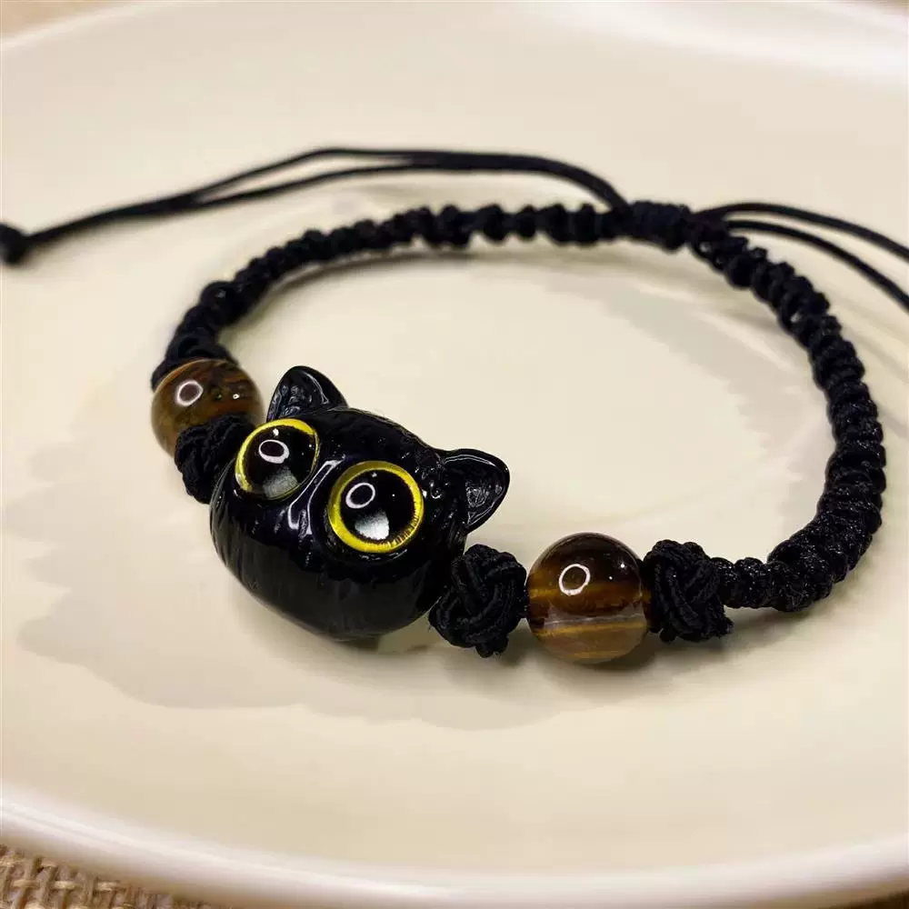 黑色猫咪手工编织情侣手链百搭可调节大小手绳送女友礼物蓝瞳猫咪