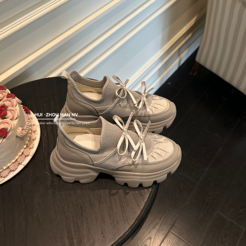 杨幂同款厚底玛丽珍鞋女2025新款蝴蝶结设计休闲运动鞋增高老爹鞋|undefined