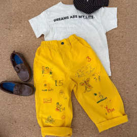 日系童装2025夏款男女童洋气黄色涂鸦水洗棉九分裤儿童纯棉裤子潮