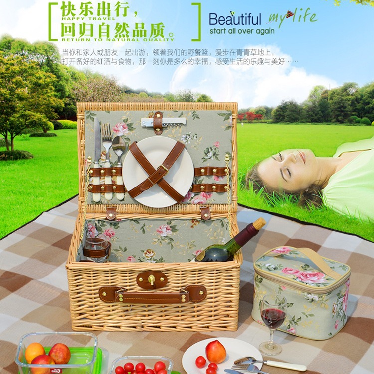 Cesta de almacenamiento portátil con tapa de ratán de stock de fábrica, al aire libre con vajilla, salida de primavera, cesta de picnic de sauce