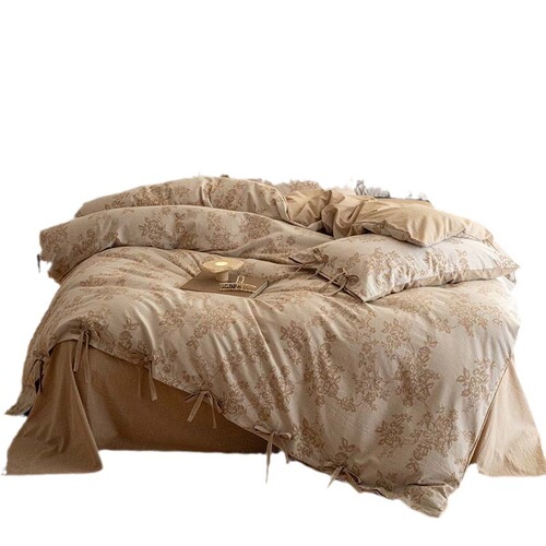 Class A 100% Cotton Double-Layer Yarn Four-Piece Set, 100% Cotton Baby Grade Gauze Cotton Bed Sheet and Duvet Cover, Dyed Retro Bedding