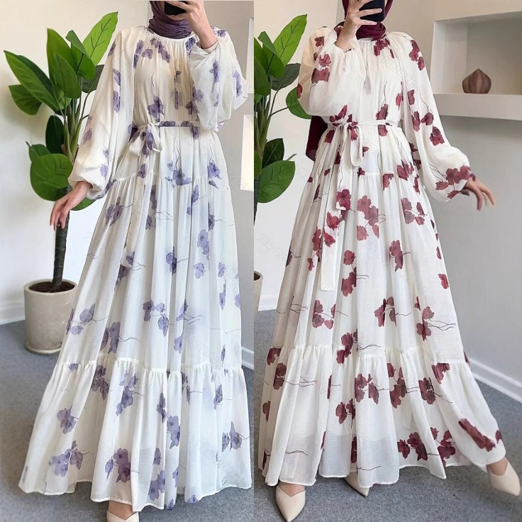 M4077 Amazon Women's Fashionable and Elegant Vacation Round Neck Chiffon Floral Long Dress with Belt M4077 Amazon Women's Fashionable and Elegant Vacation Round Neck Chiffon Floral Long Dress with Belt