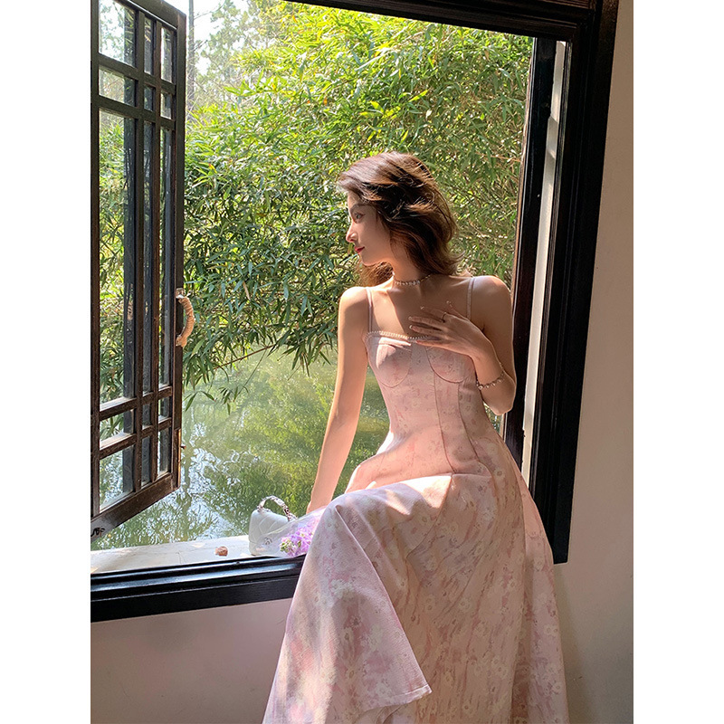 Spring New Style Suspender Square-Neck Printed Dress for Women, Fresh and Sweet, Slimming Floral Patchwork Long Dress, Girly Style