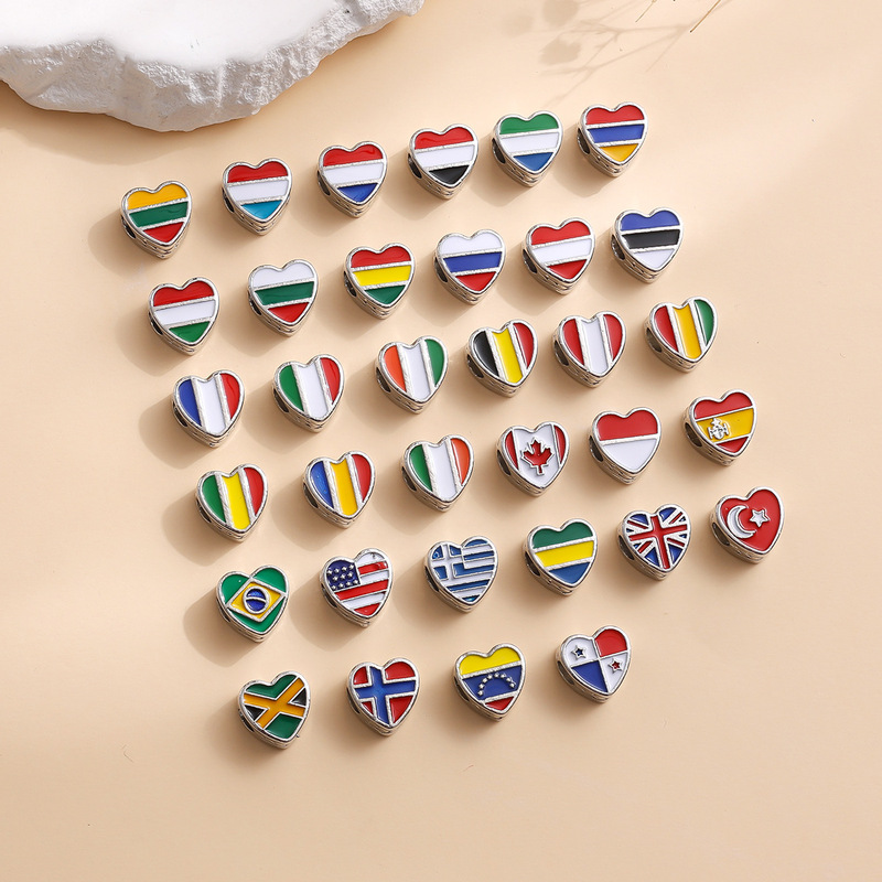 Cross-Border Popular Items: Flag Heart Beads, Multi-Country Heart-Shaped Enamel Beads, DIY Bracelet and Necklace Accessories in Stock