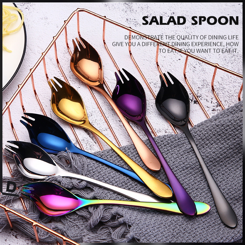 Cuchara de ensalada 304 al por mayor cuchara de tenedor de mango largo de acero inoxidable cuchara de ensalada de fruta doméstica integrada cuchara de pasta estudiante cuchara OK