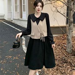 大码连衣裙套装秋冬新款胖mm复古马甲+娃娃领拼接显瘦长裙两件套