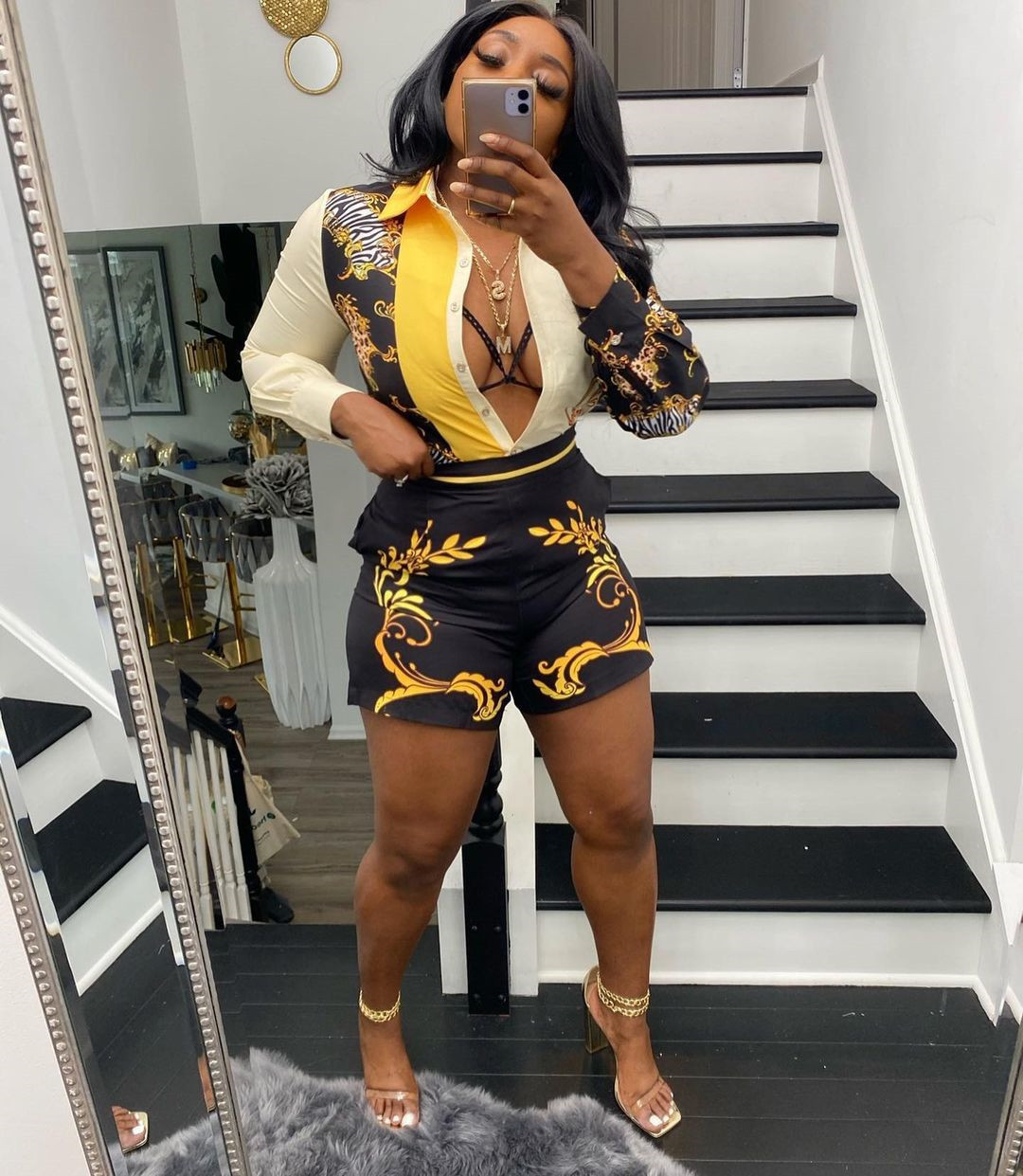Women  Clothing 2021 Casual Printed Rich Shirt Shorts Two-Piece Set in Short Sets