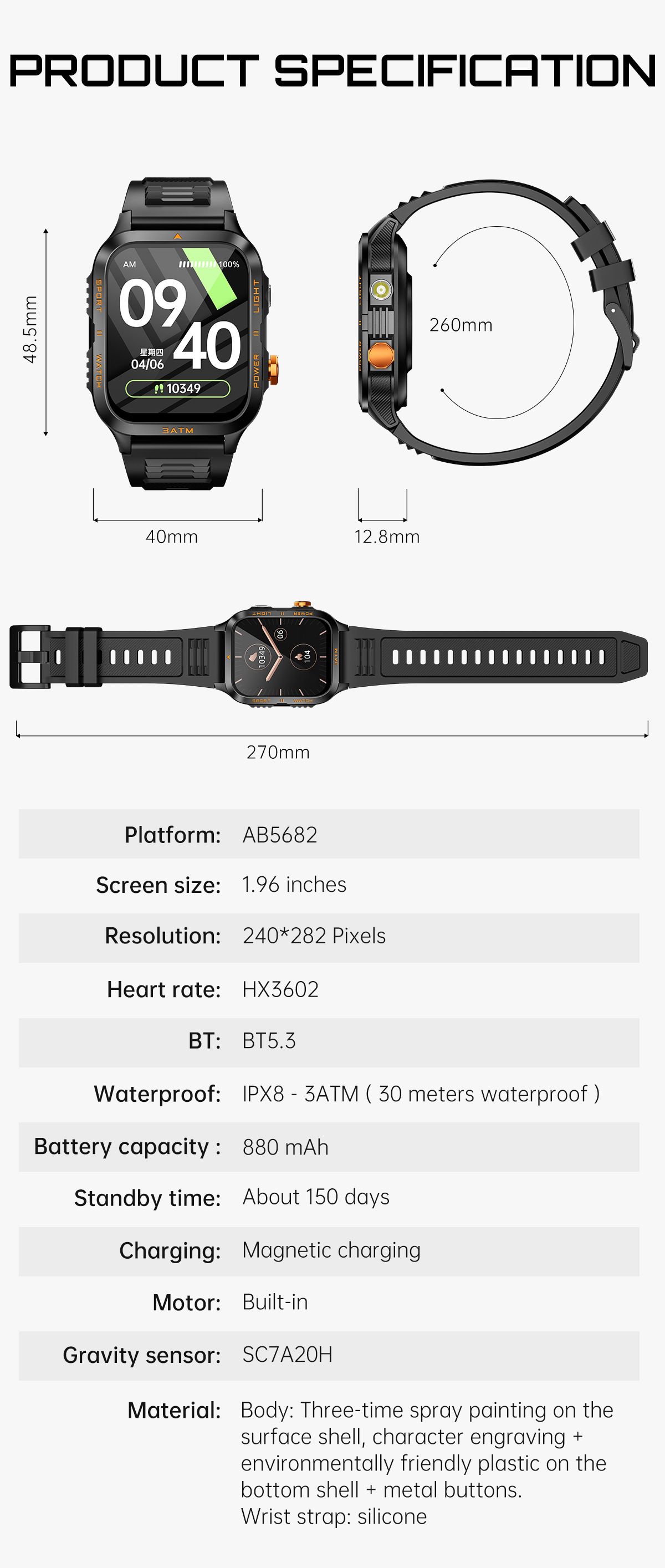 Montre connectée KT89, grand écran 1,96 pouce, appels Bluetooth, lampe torche LED, idéale pour les activités de plein air, style unisexe chic et sportif._voghion.com