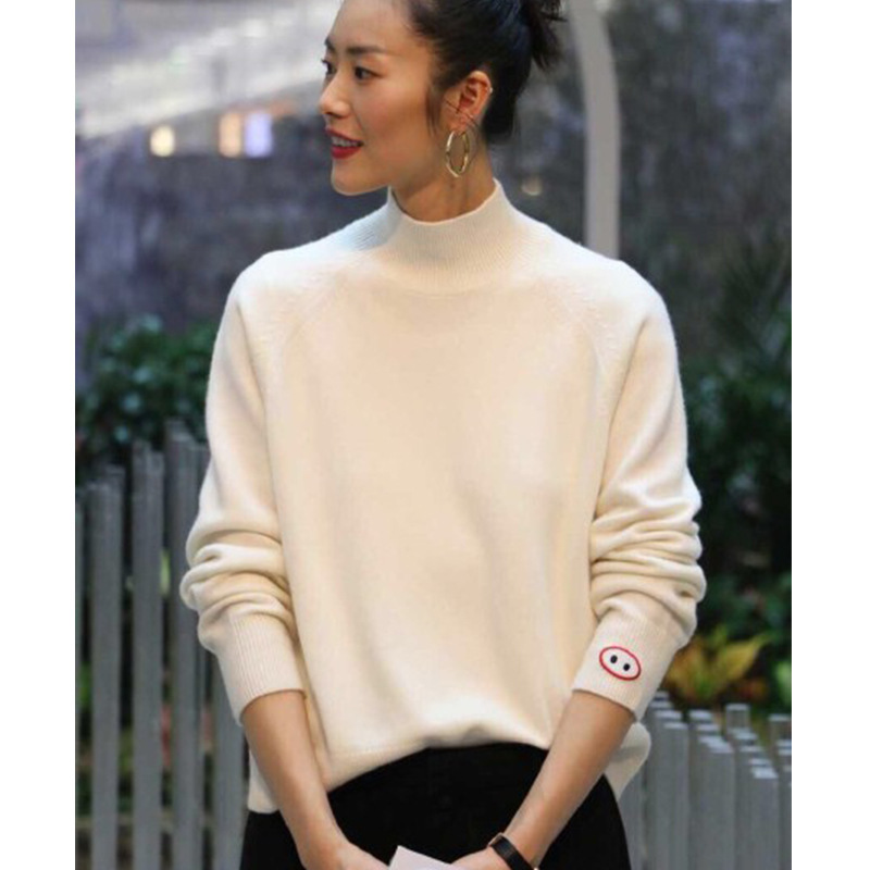 Autumn and winter New half turtleneck thickened loose pullover lazy bottoming wool knitted pig nose embroidered sweater for women Autumn and winter New half turtleneck thickened loose pullover lazy bottoming wool knitted pig nose embroidered sweater for women