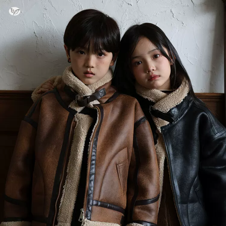 男童麂皮绒外套2025秋冬款儿童皮衣夹克女童冬季皮毛一体加绒加厚