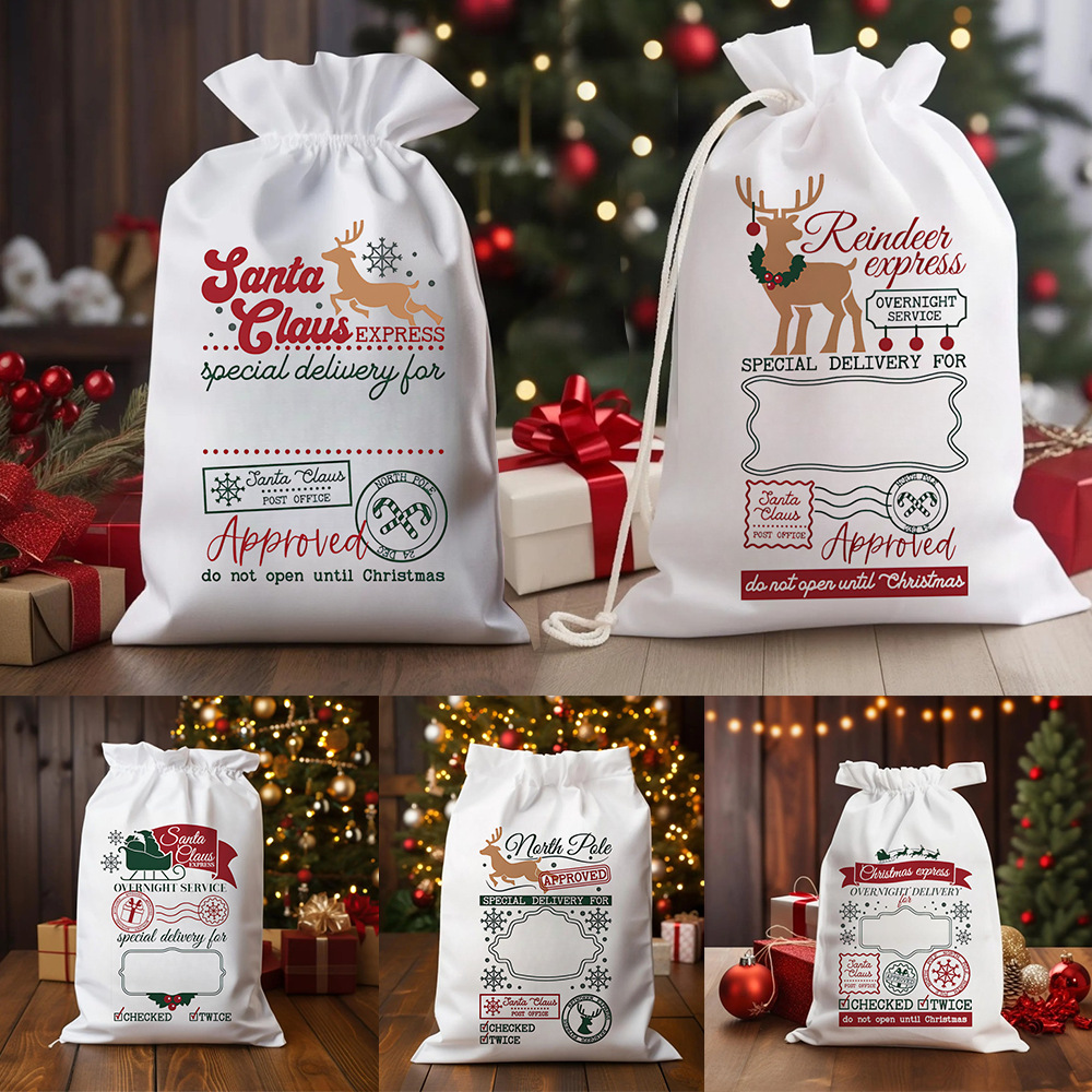 跨境专供30*40圣诞礼品袋 圣诞老人定制姓名抽绳袋节日礼物收纳袋