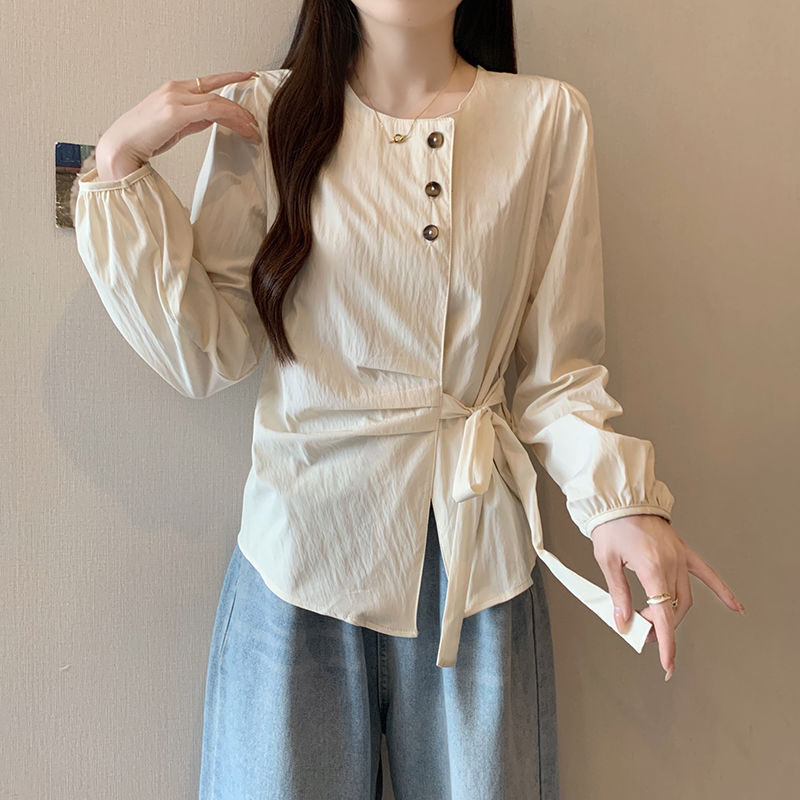 女装秋装新款2025法式新品感不规则衬衫褶皱绑带休闲上衣黑色白色|undefined