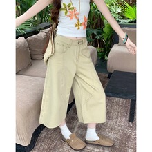 大码美式卡其色七分牛仔裤女夏季八分中裤高腰显瘦直筒阔腿短裤子