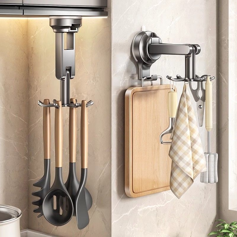Suction Cup Kitchen Rotating Hook Storage Rack, No-Drill Wall-Mounted Spatula and Spoon Holder, Spatula Storage Rack