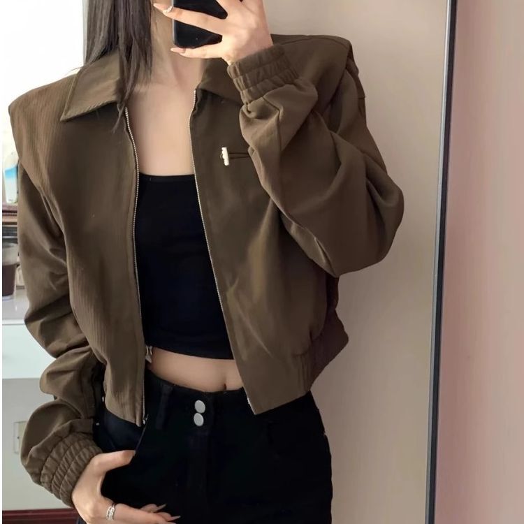 American Retro Brown Short Jacket for Women Early Spring and Autumn High-End Petite Loose Casual Jacket Top Trendy