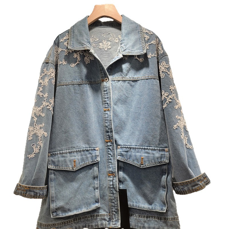Chaqueta Vaquera con Bordado Floral de Poliéster, Holgada de Manga Larga para Primavera