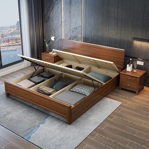 Chinese style walnut solid wood bed bedroom 1.5m 1.8m double bed factory direct sale minimalist high box storage wedding bed