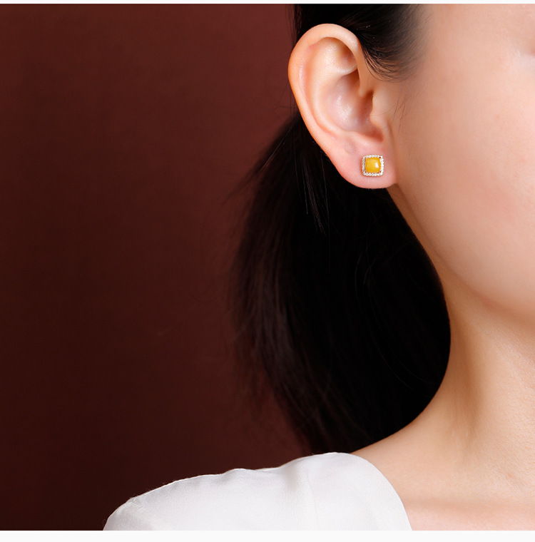 Bông tai bạc S925 mạ vàng đính hổ phách hình vuông phong cách hình học — Mô hình sáp ong chi tiết 6