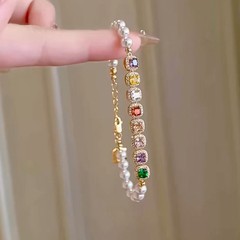 ヘビーデューティモデル！フラッシュカラフルなスクエアダイヤモンドスプライシングパールブレスレットレディースライトラグジュアリージルコンブレスレットアクセサリー