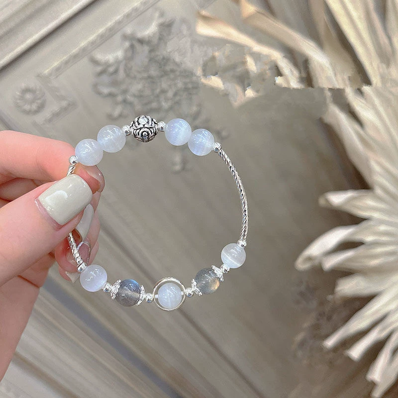 Brand silver bracelet for beloved with rhinestones for men and women, cat's eye, moonstone