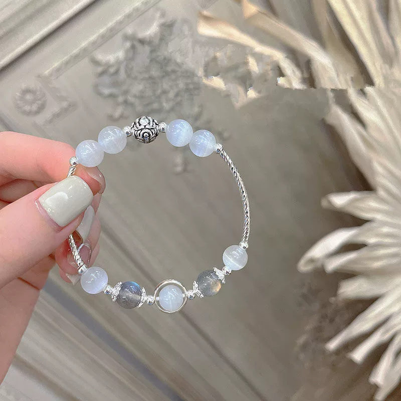 Brand silver bracelet for beloved with rhinestones for men and women, cat's eye, moonstone