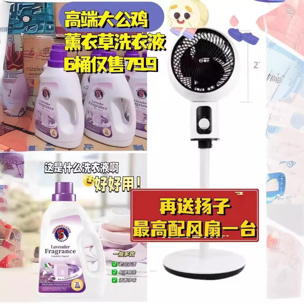 大公鸡深层有效清洁衣物6瓶薰衣草洗衣液送金杨子循环扇一台