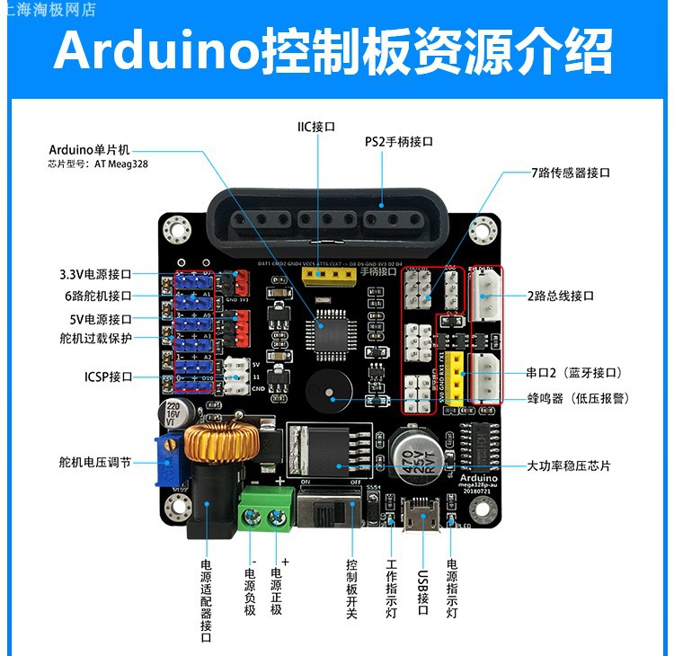 6路开源舵机控制器机械手臂驱动板智能车开发板 兼容Arduino