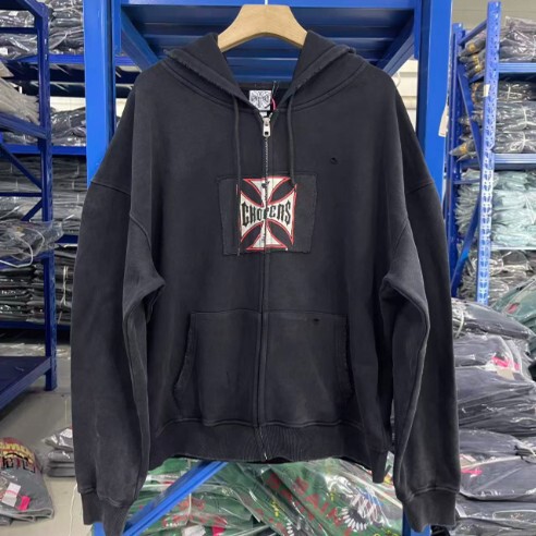 West Coast Choppers West Coast Iron Cross Washed Distressed Zipper Hoodie Casual Jacket Trendy