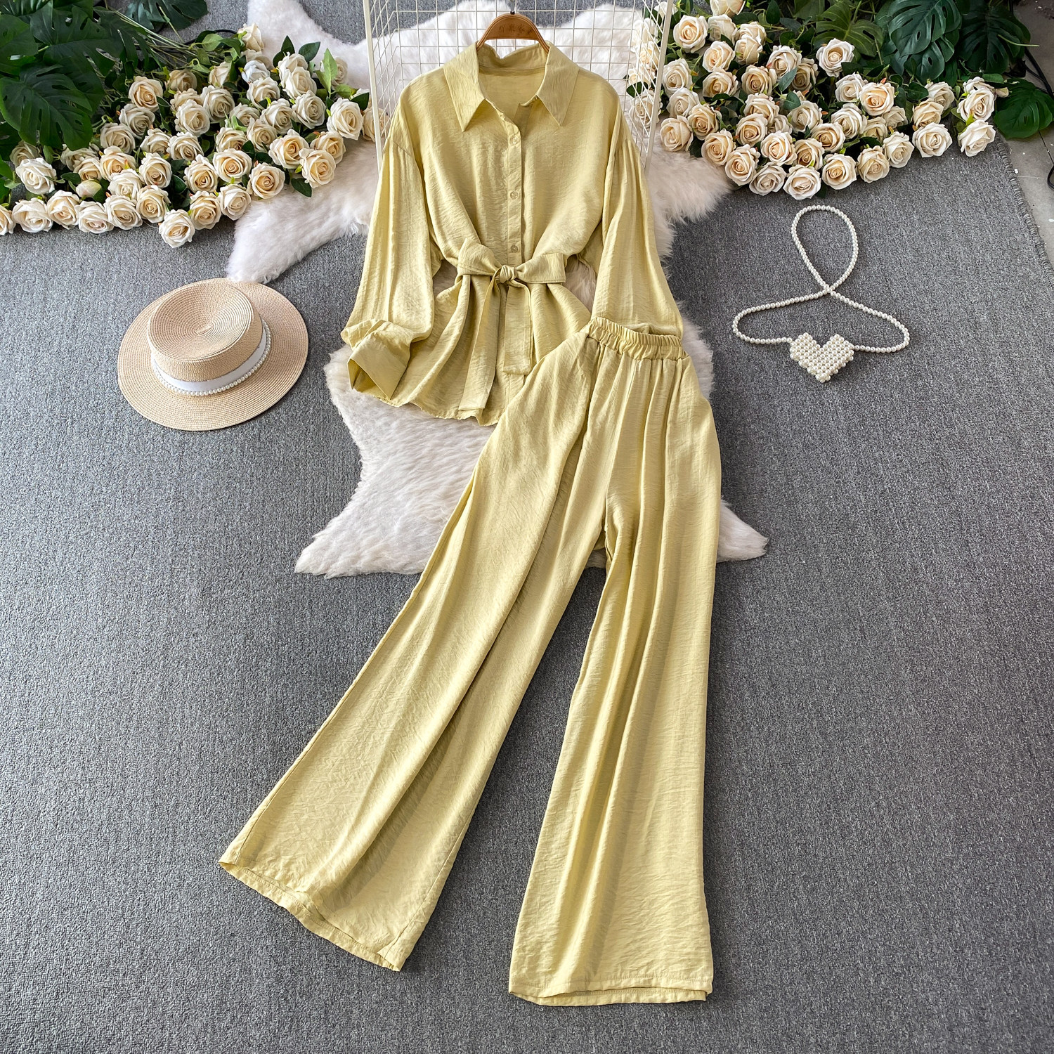 Women's Korean Style Two-Piece Set - Loose Long Sleeve Shirt With Tie-Waist & Wide Leg Trousers, Casual Office Wear Summer Outfit_ecoleips.com