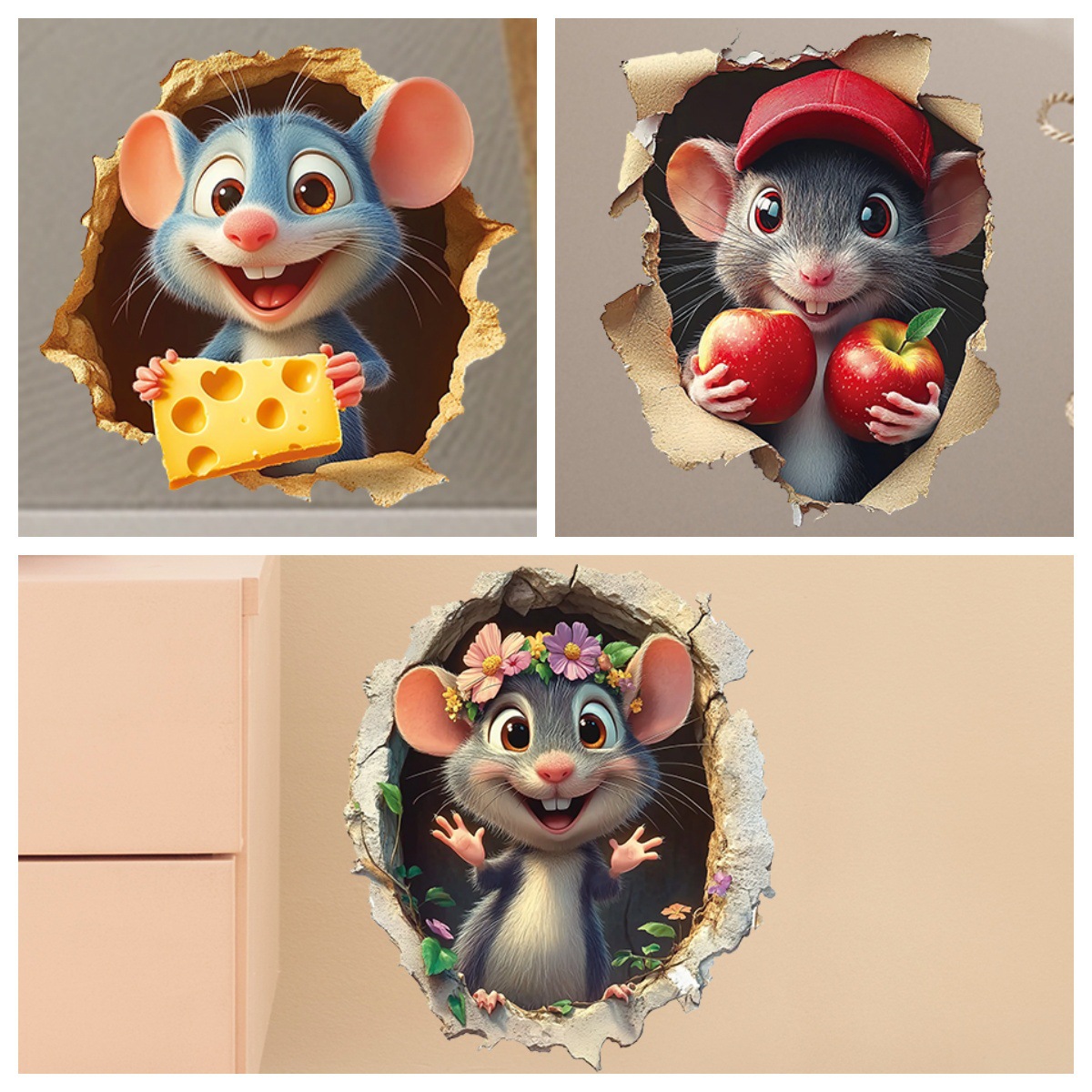 Cache-trou de souris 3D autocollant imperméable et anti-traces de doigts, style dessin animé, pour salon ou chambre._voghion.com