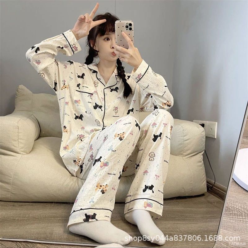 Cross-Border Japanese and Korean Cloud Cotton Pajamas for Women, Long-Sleeved and Long-Pants, Spring and Autumn Printed Sweet and Cute Home Wear Set, New Style Cross-Border Japanese and Korean Cloud Cotton Pajamas for Women, Long-Sleeved and Long-Pants, Spring and Autumn Printed Sweet and Cute Home Wear Set, New Style